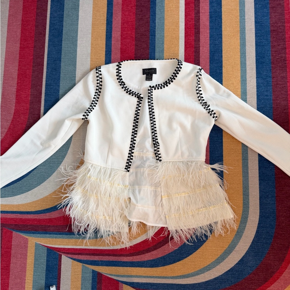 White Feather Trim Cardigan
